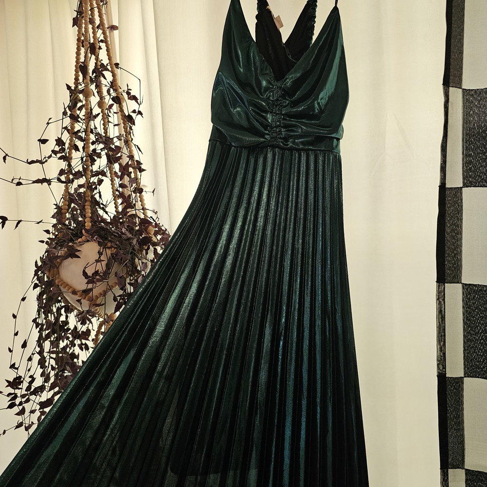 Green Pleated Halter Maxi Gown for Wedding Guest